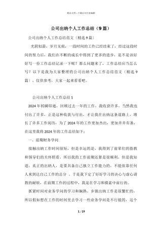 公司出纳个人工作总结（9篇）