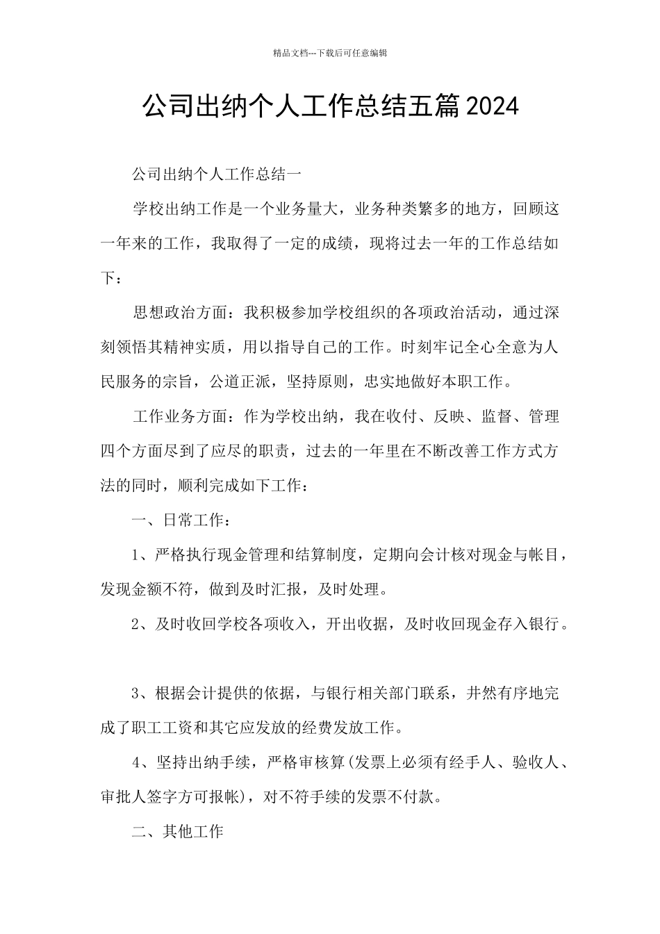 公司出纳个人工作总结五篇2024_第1页