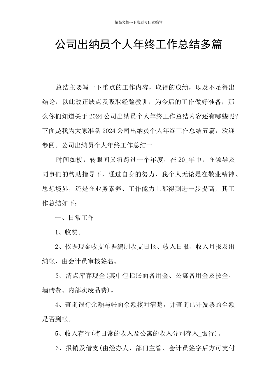 公司出纳员个人年终工作总结多篇_第1页