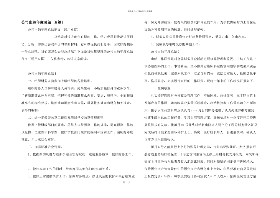 公司出纳年度总结（6篇）_第1页