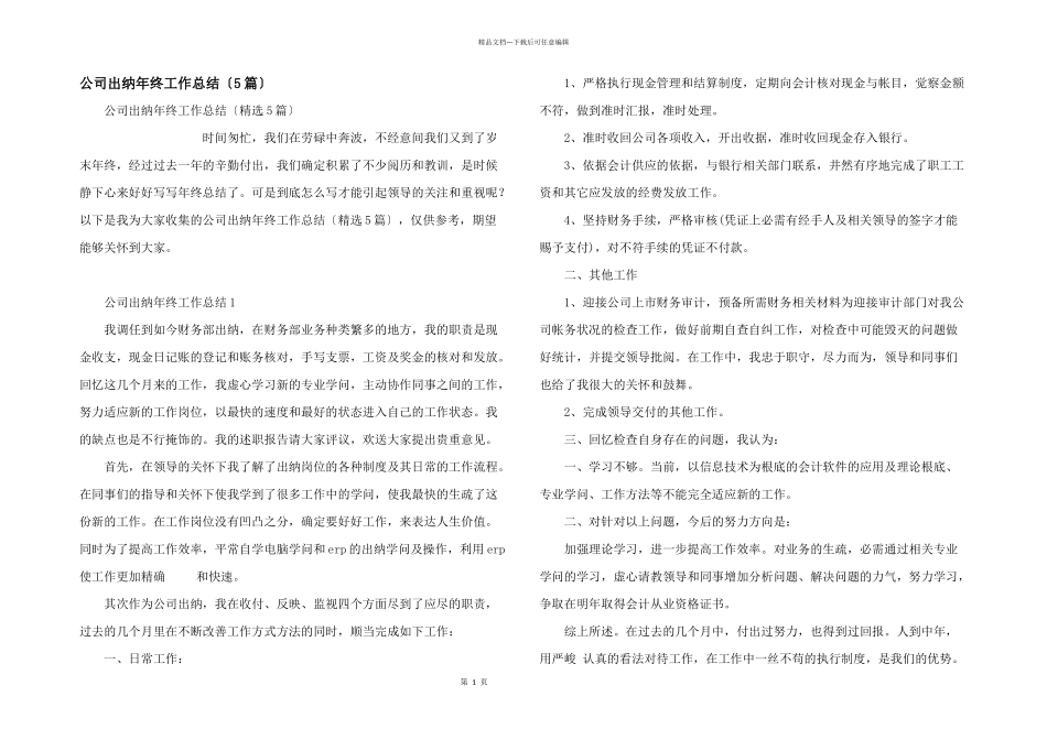 公司出纳年终工作总结（5篇）_第1页