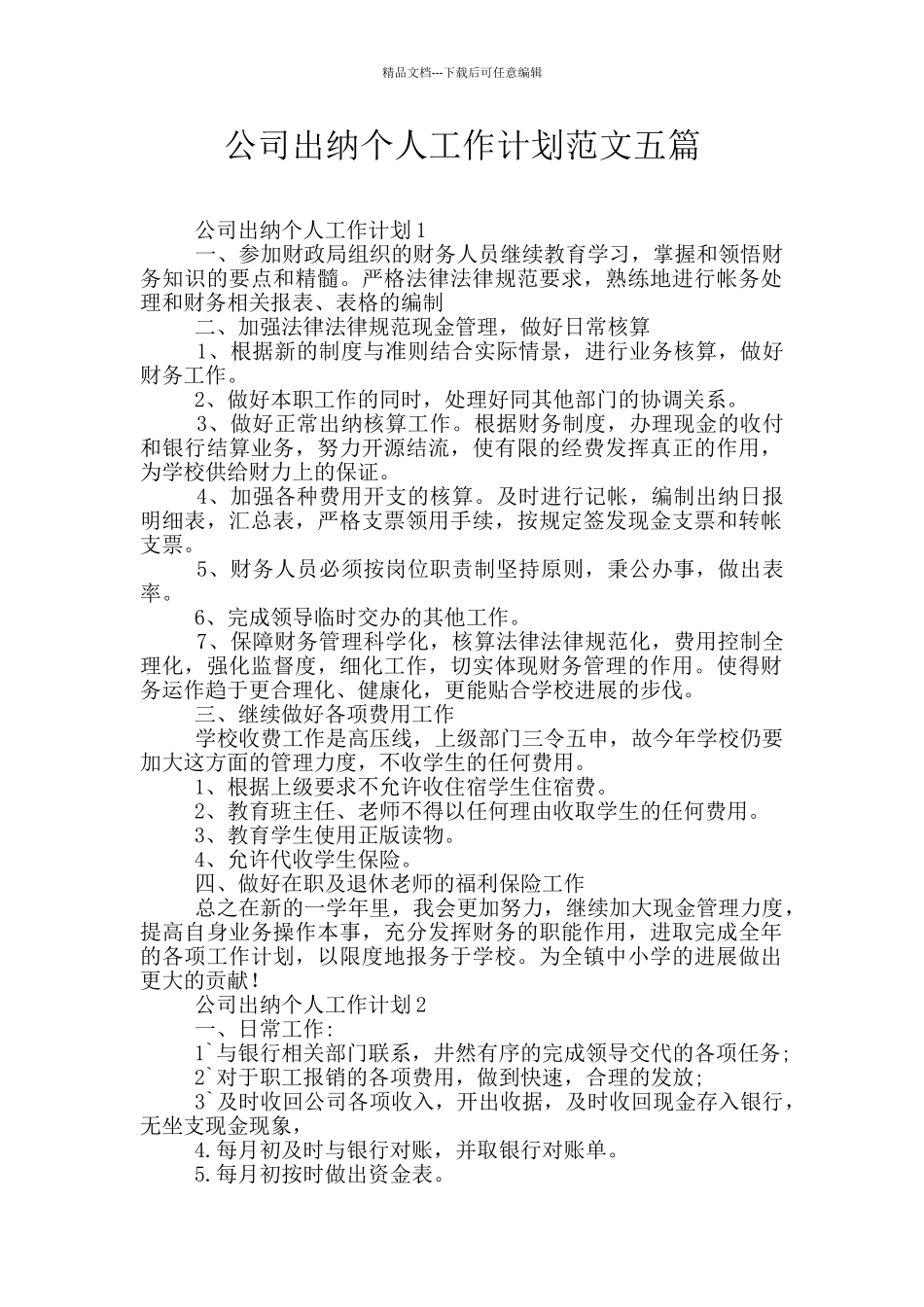 公司出纳个人工作计划范文五篇_第1页