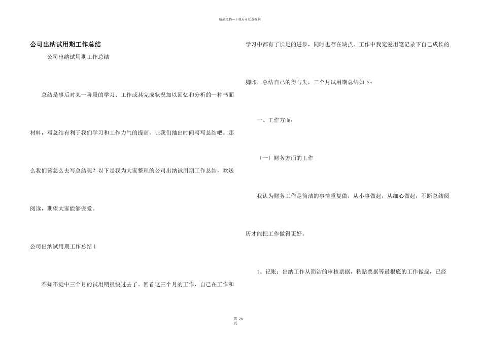 公司出纳试用期工作总结_第1页