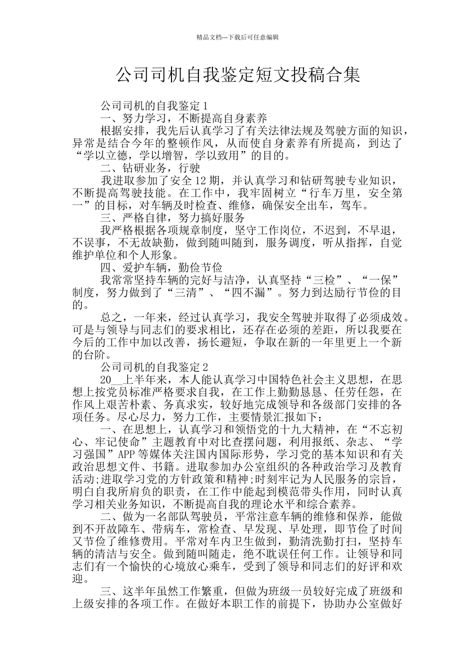 公司司机自我鉴定短文投稿合集_第1页