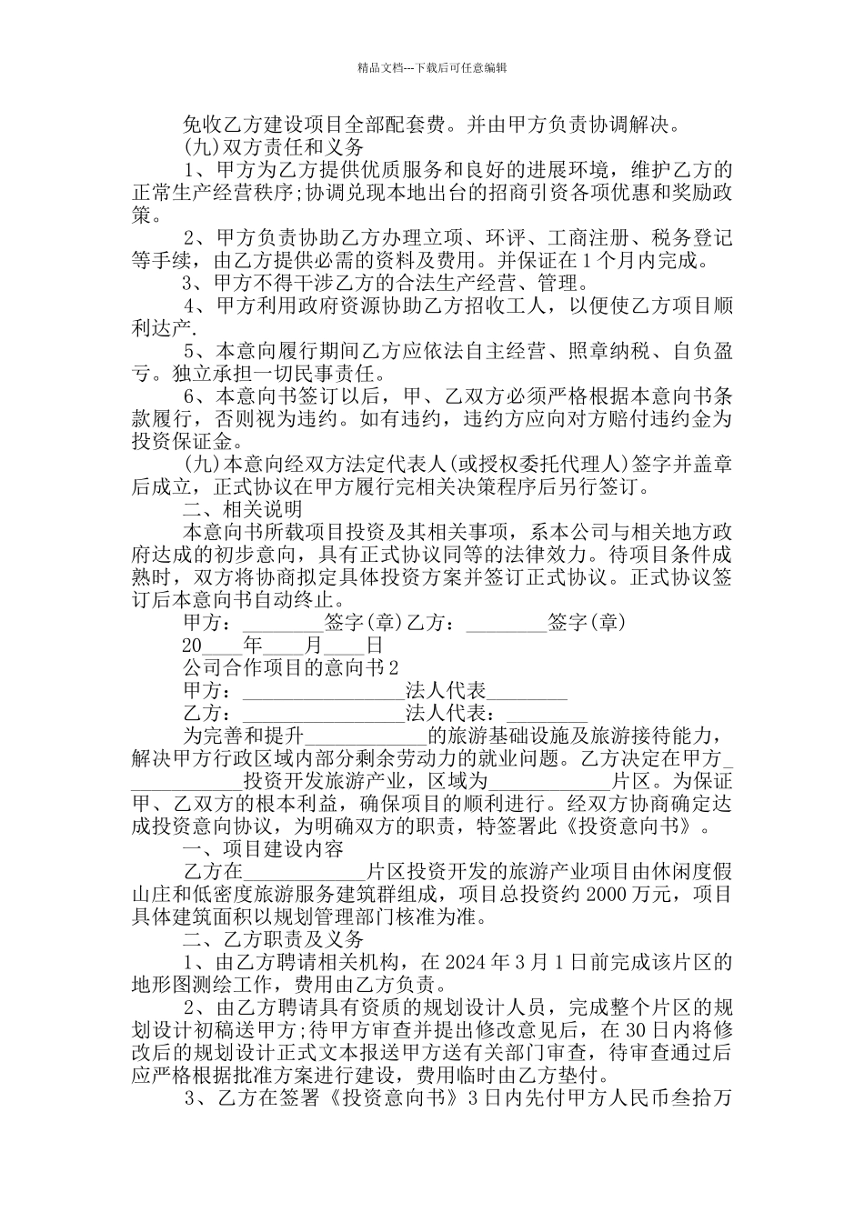 公司合作项目的意向书_第2页