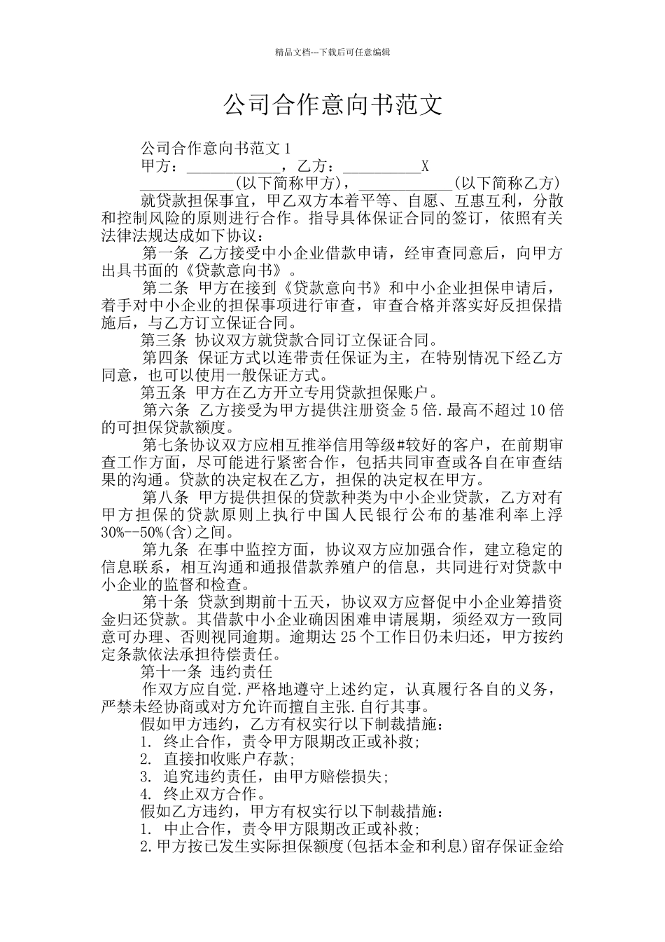 公司合作意向书范文_第1页