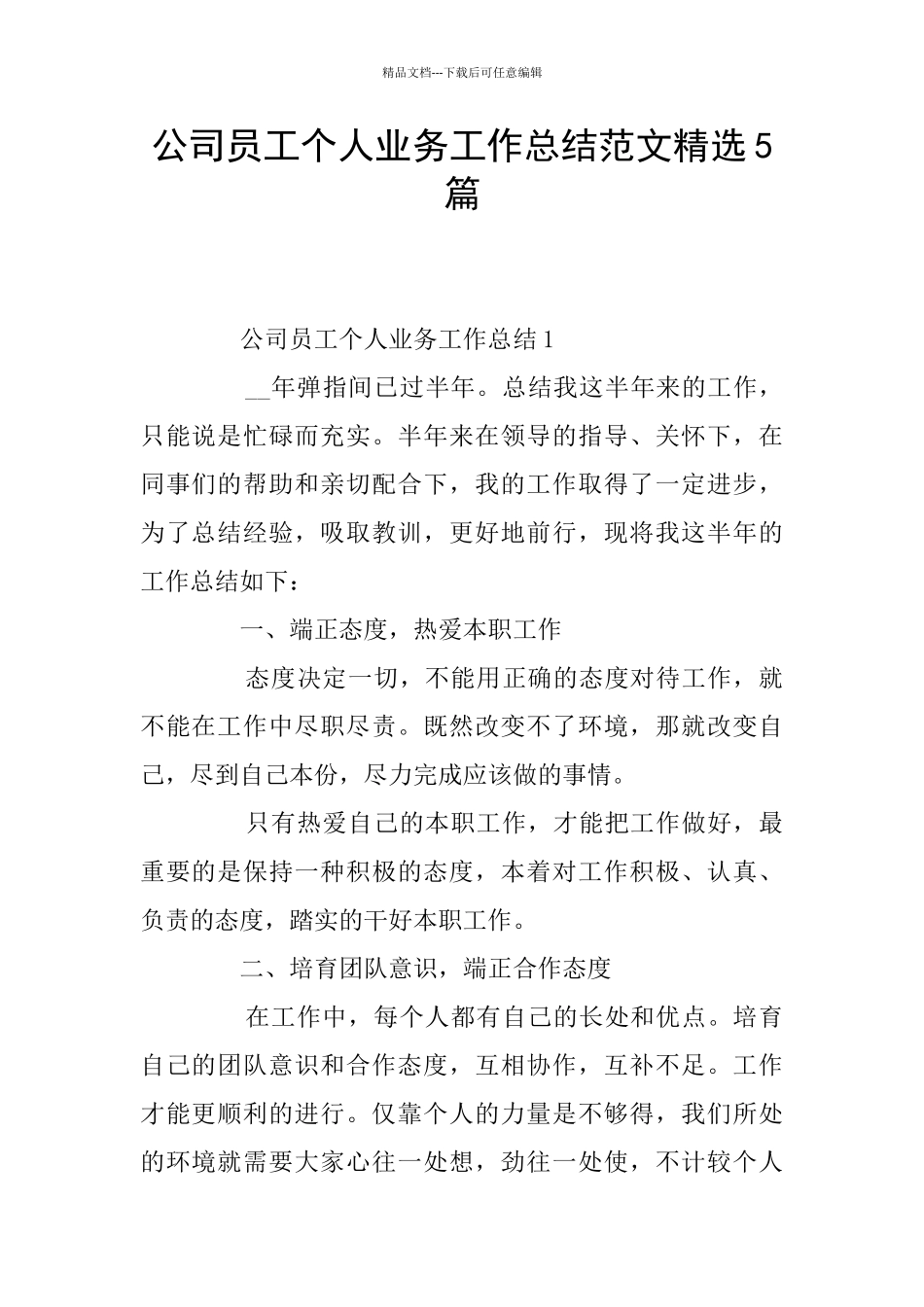 公司员工个人业务工作总结范文精选5篇_第1页
