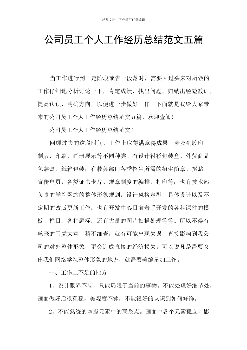 公司员工个人工作经历总结范文五篇_第1页