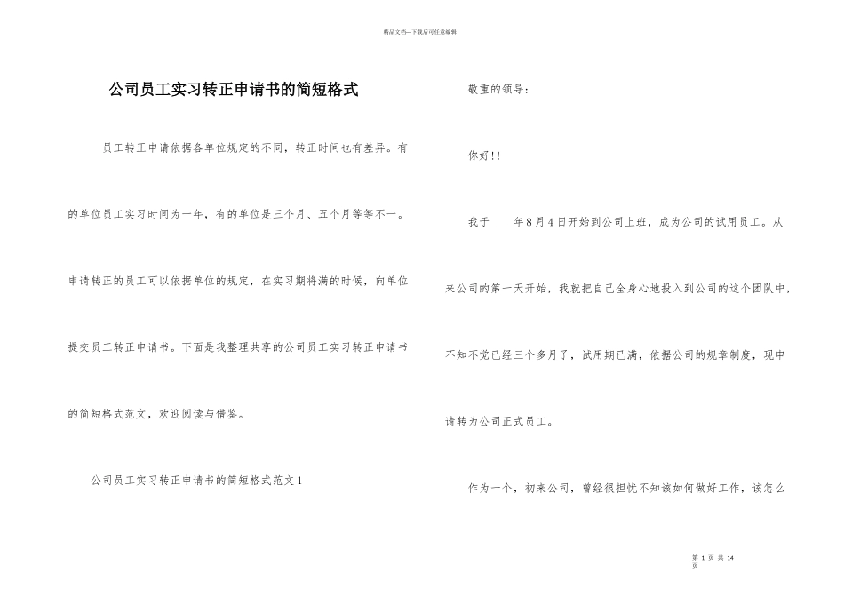 公司员工实习转正申请书的简短格式_第1页