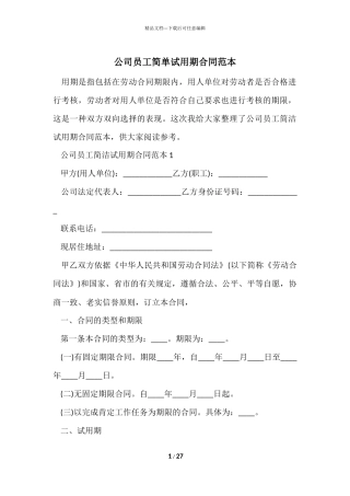 公司员工简单试用期合同范本