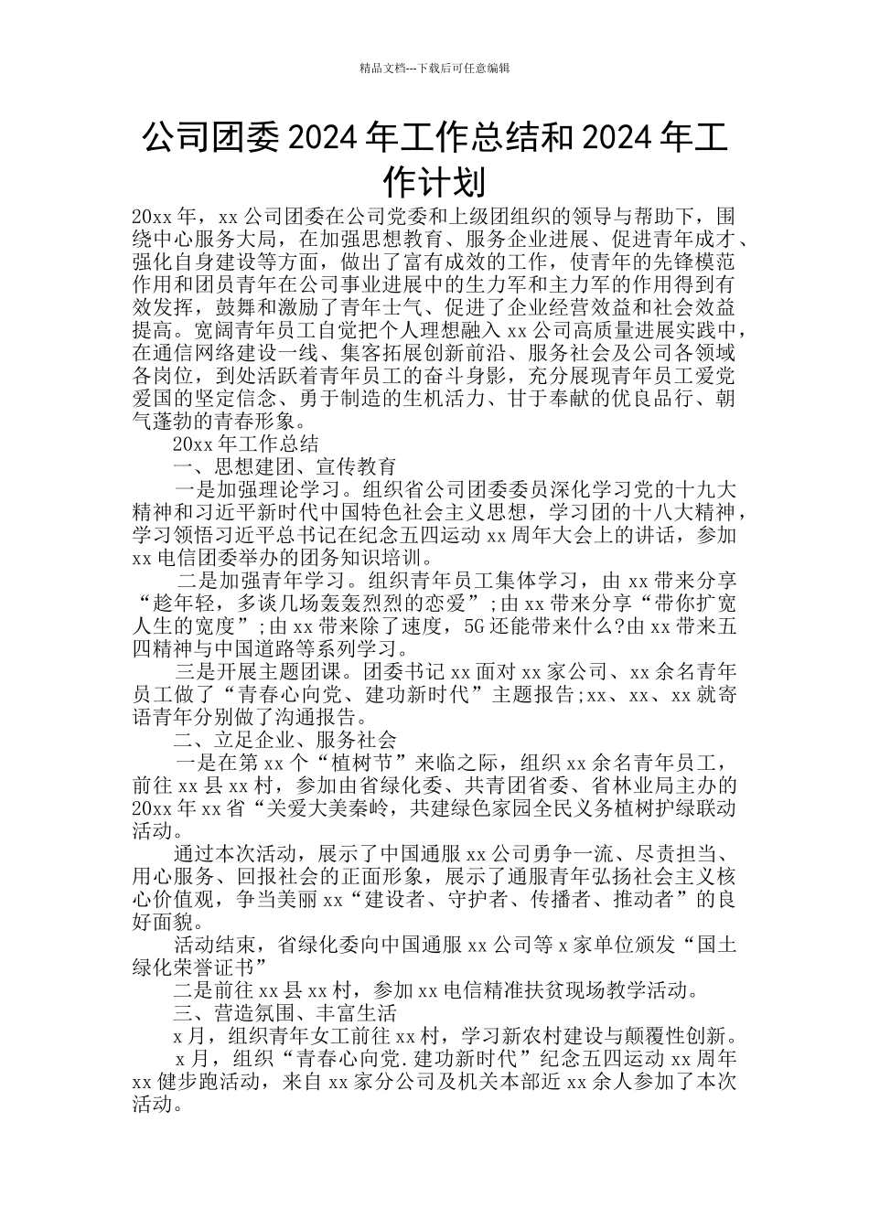 公司团委2024年工作总结和2024年工作计划_第1页