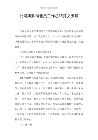 公司团队销售员工作总结范文五篇