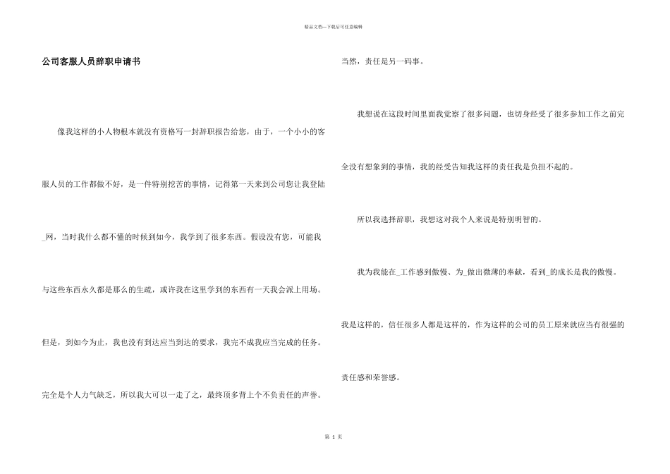 公司客服人员辞职申请书_第1页