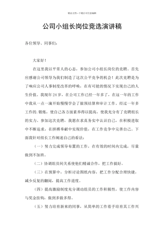 公司小组长岗位竞选演讲稿