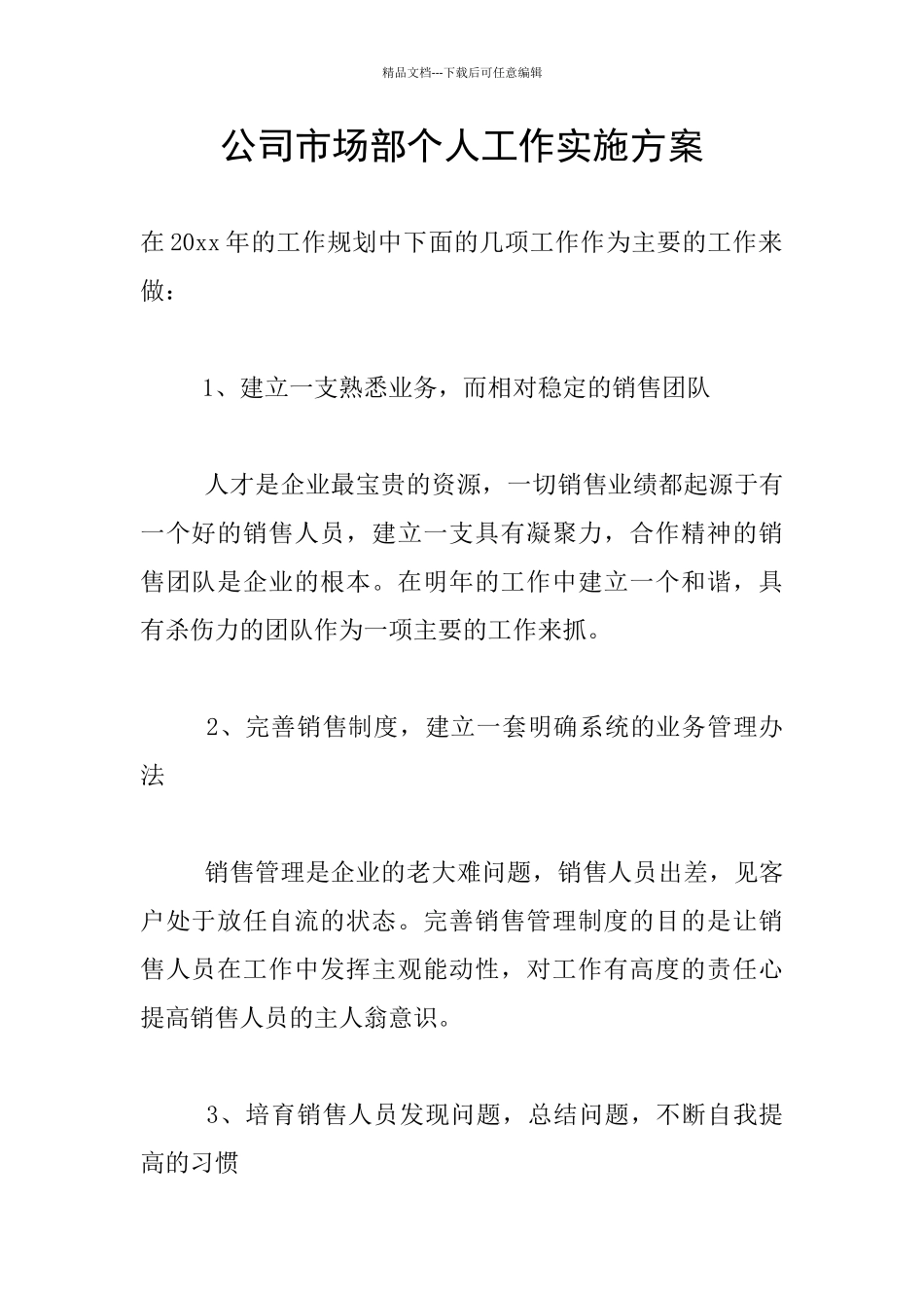 公司市场部个人工作实施方案_第1页