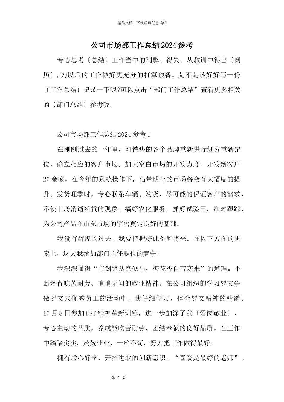 公司市场部工作总结2024参考_第1页