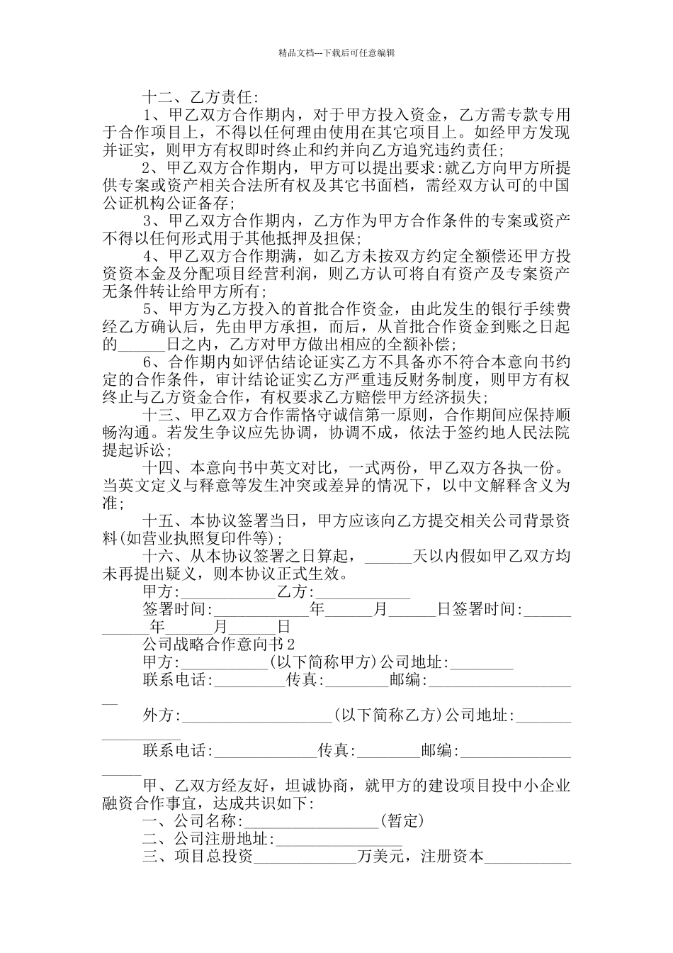 公司战略合作意向书_第3页