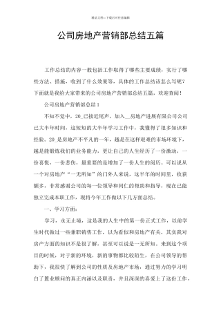 公司房地产营销部总结五篇