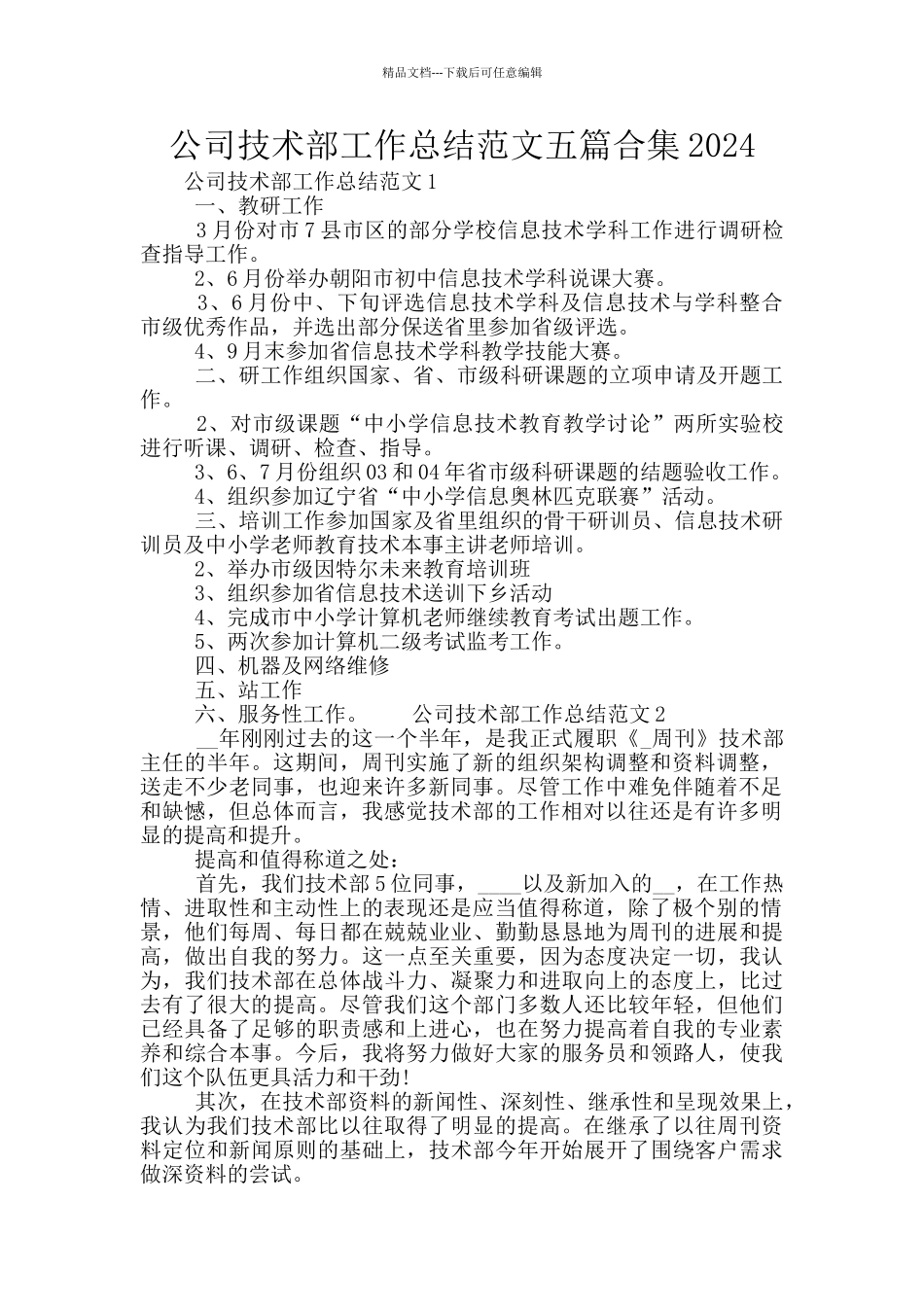 公司技术部工作总结范文五篇合集2024_第1页