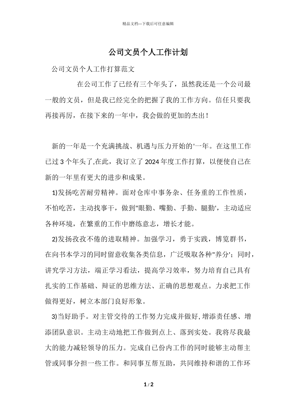 公司文员个人工作计划_第1页