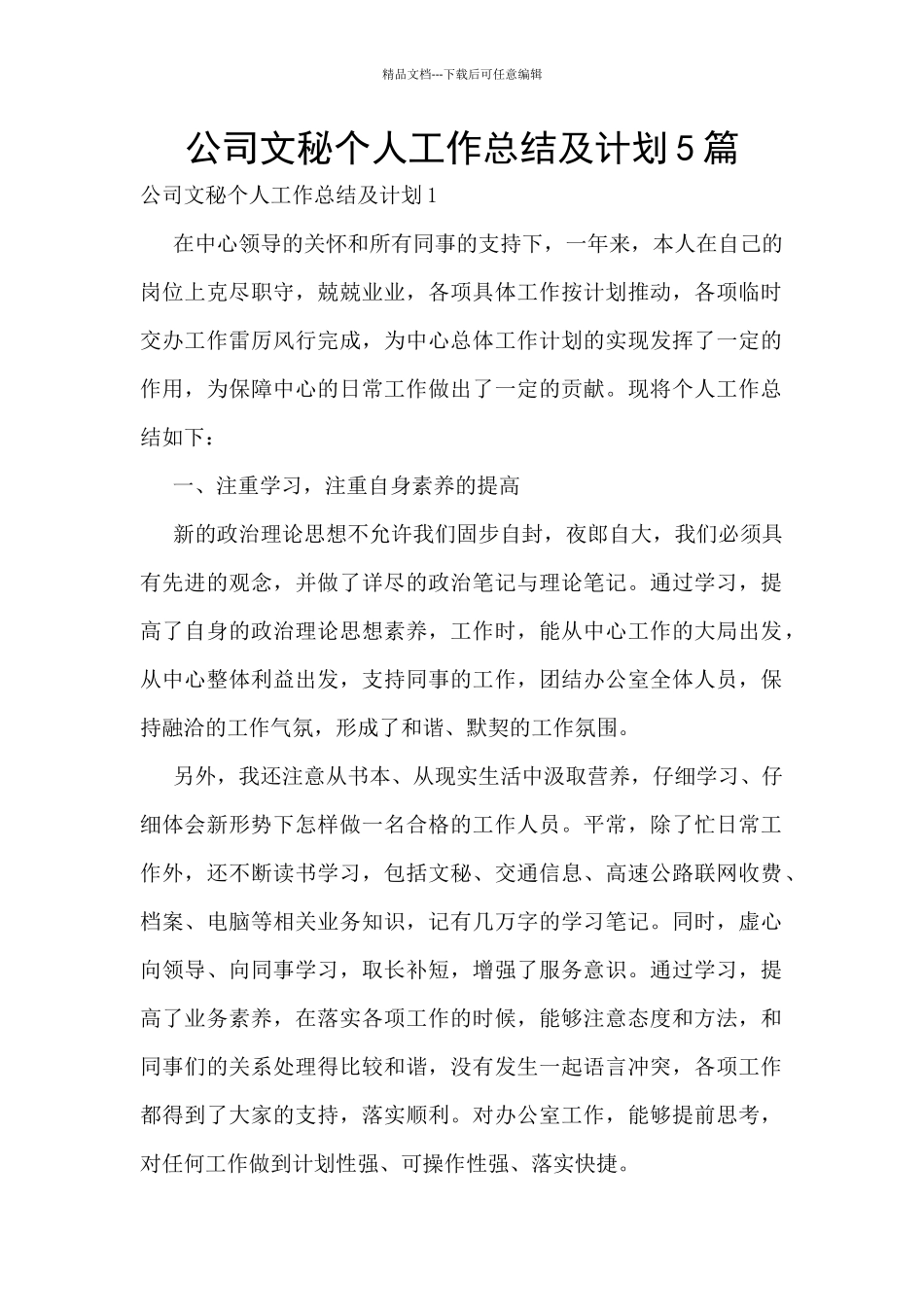 公司文秘个人工作总结及计划5篇_第1页