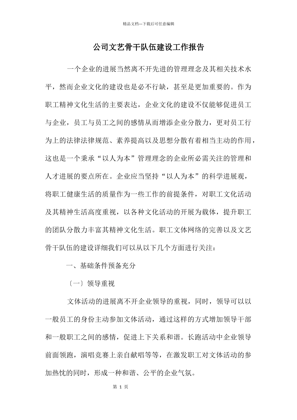 公司文艺骨干队伍建设工作报告_第1页