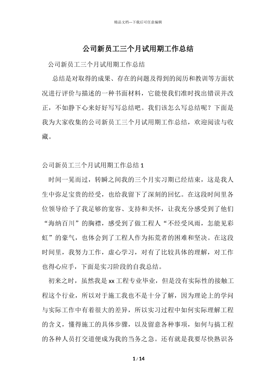 公司新员工三个月试用期工作总结_第1页