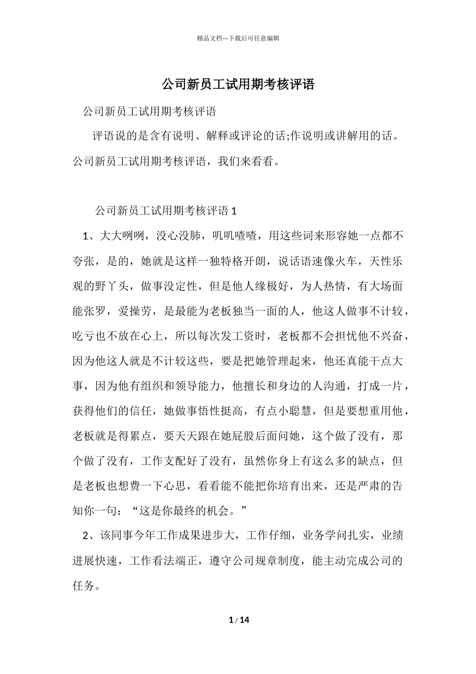 公司新员工试用期考核评语_第1页