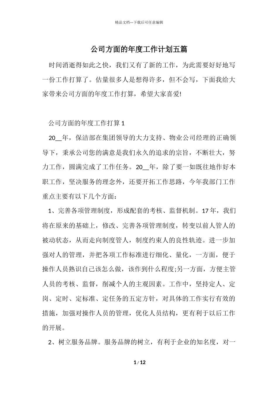 公司方面的年度工作计划五篇_第1页