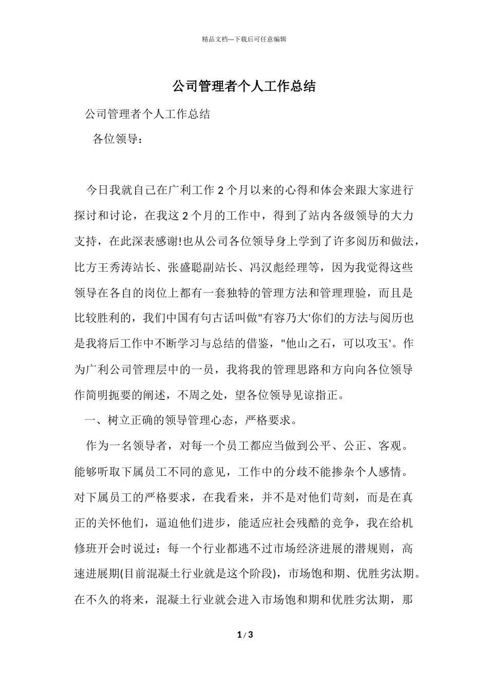 公司管理者个人工作总结_第1页
