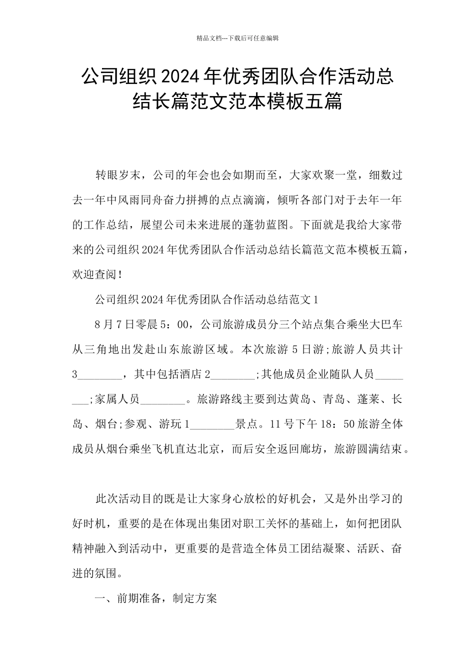 公司组织2024年优秀团队合作活动总结长篇范文范本模板五篇_第1页