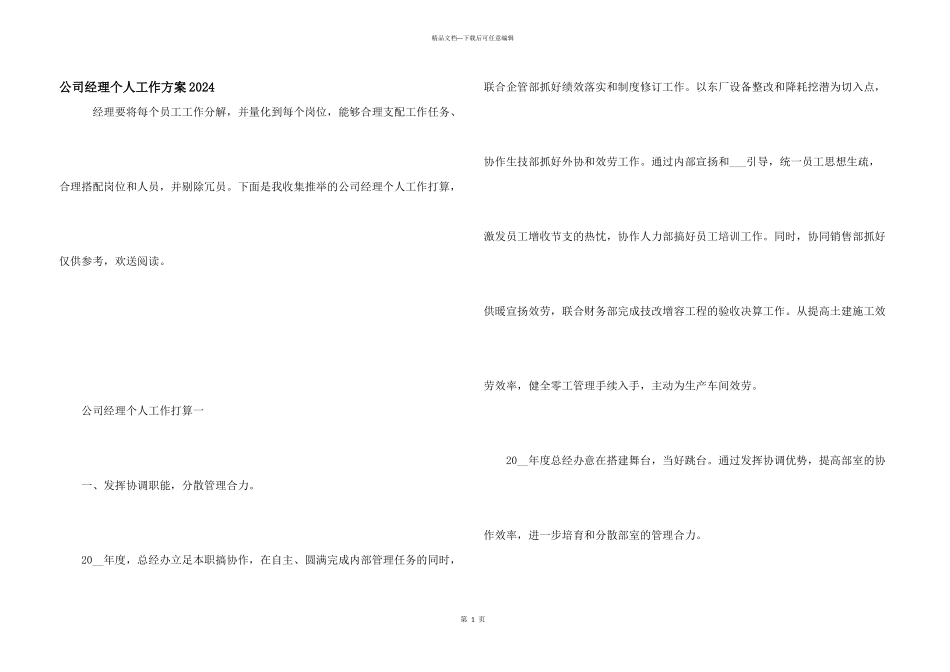 公司经理个人工作计划2024_第1页