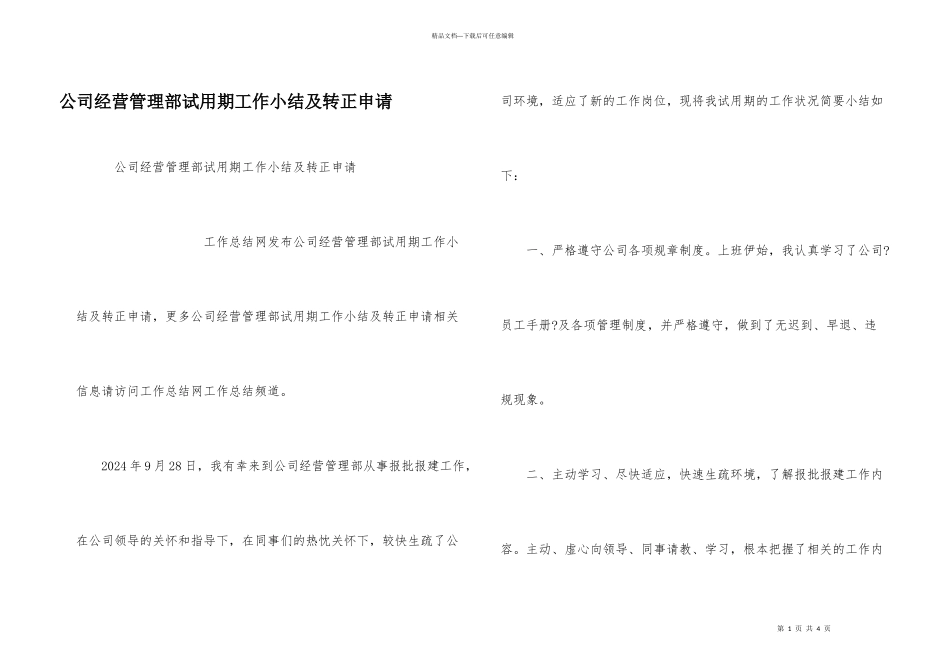 公司经营管理部试用期工作小结及转正申请_第1页