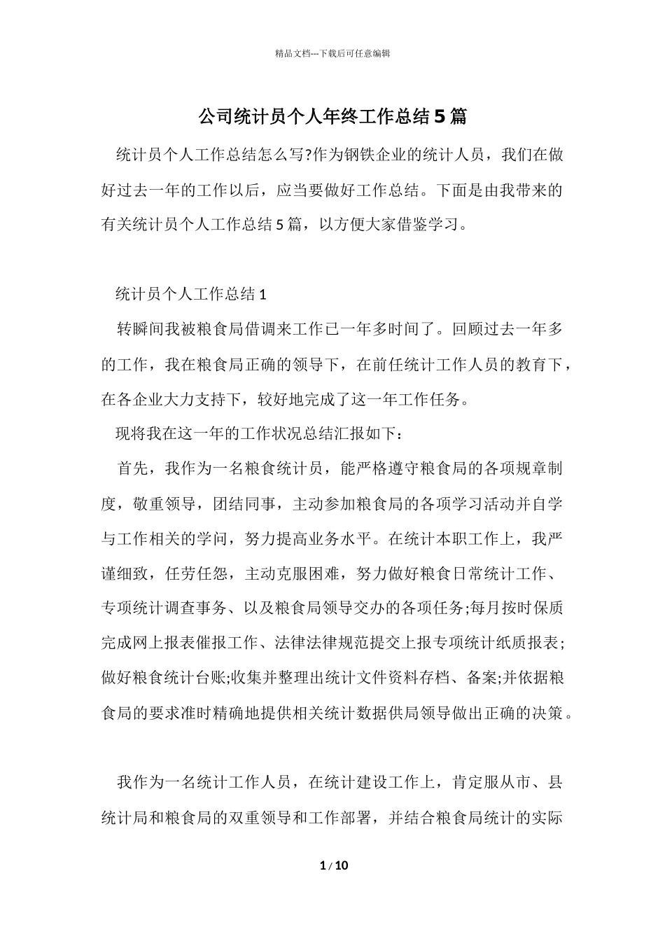 公司统计员个人年终工作总结5篇_第1页