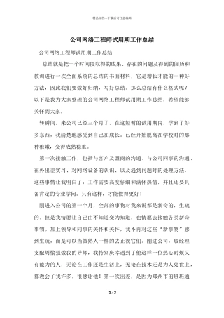 公司网络工程师试用期工作总结