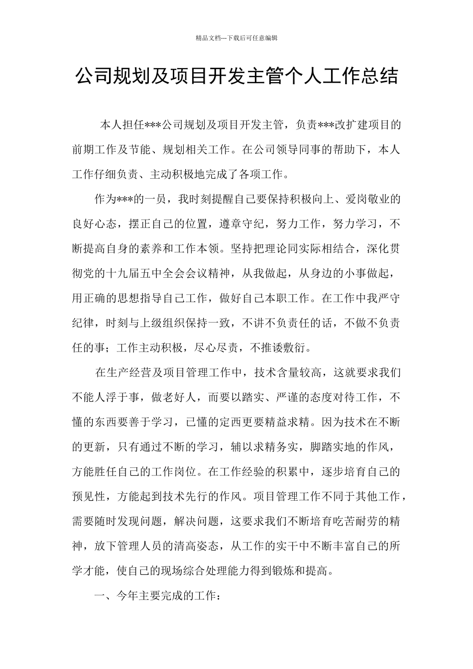 公司规划及项目开发主管个人工作总结_第1页