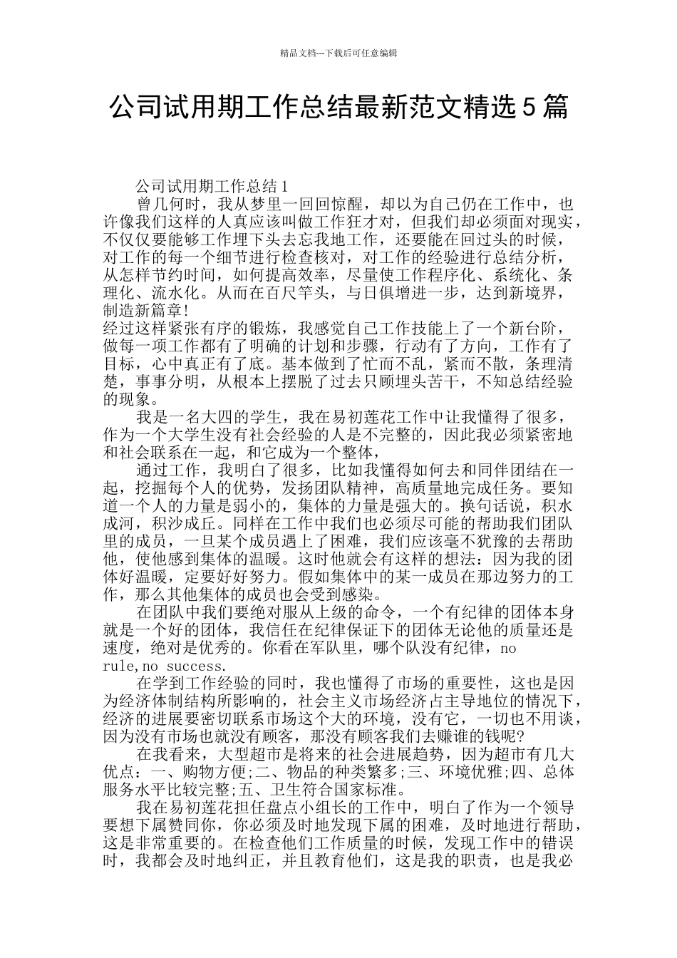 公司试用期工作总结最新范文精选5篇_第1页