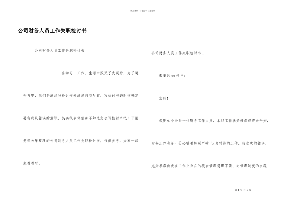 公司财务人员工作失职检讨书_第1页