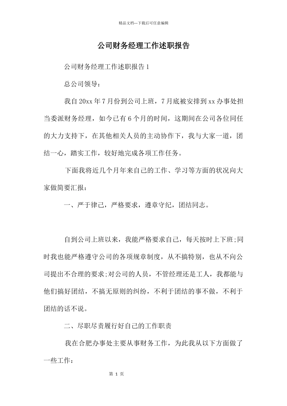 公司财务经理工作述职报告_第1页