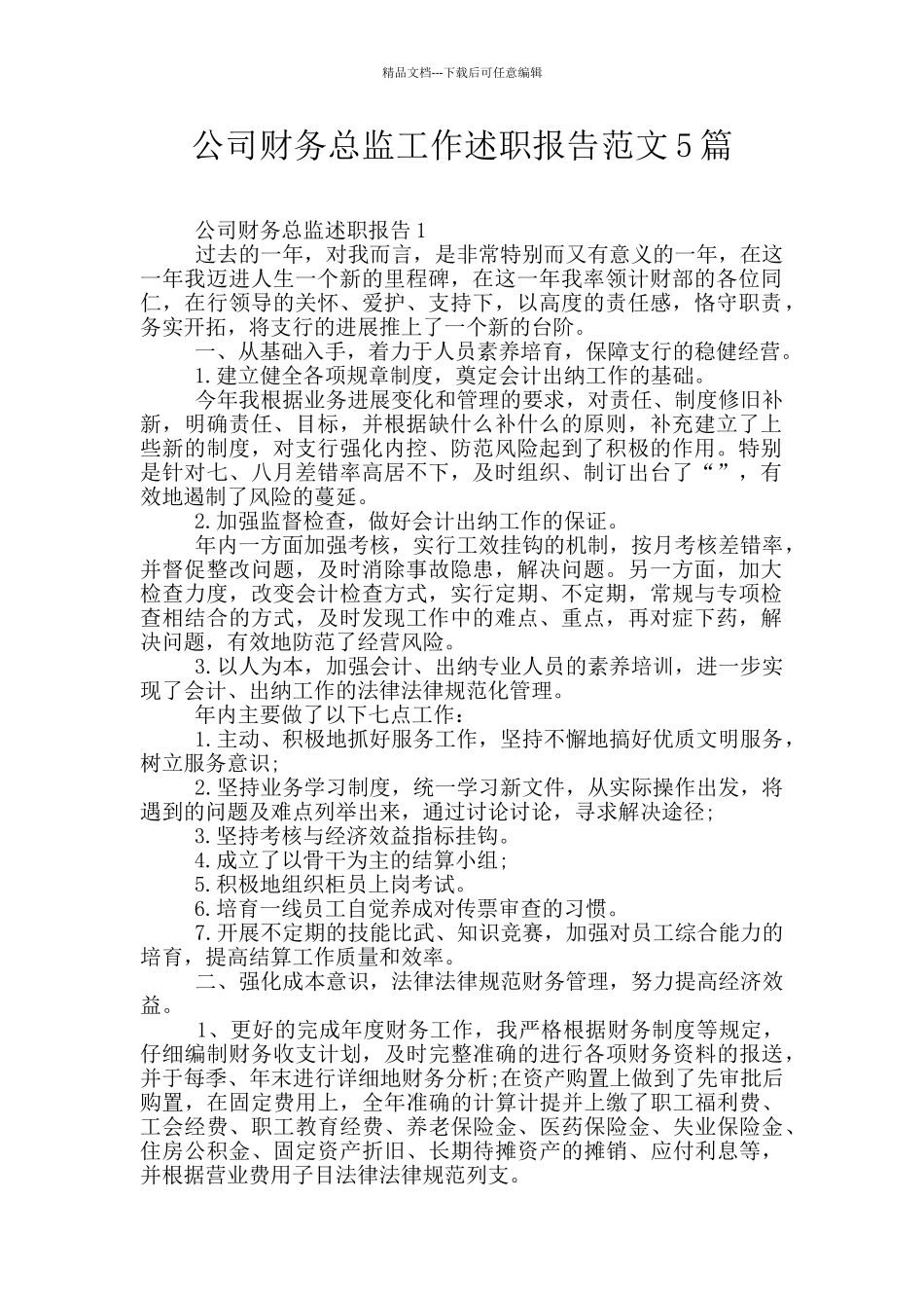 公司财务总监工作述职报告范文5篇_第1页