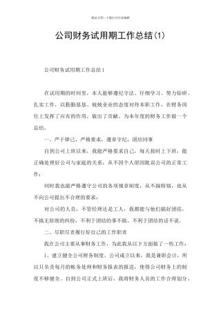公司财务试用期工作总结(1)