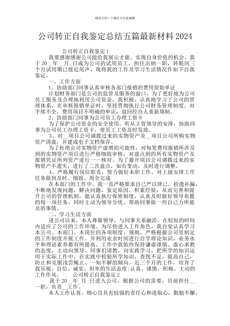 公司转正自我鉴定总结五篇最新材料2024_第1页