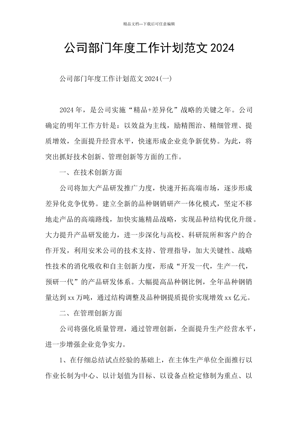 公司部门年度工作计划范文2024_第1页