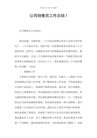 公司销售员工作总结1