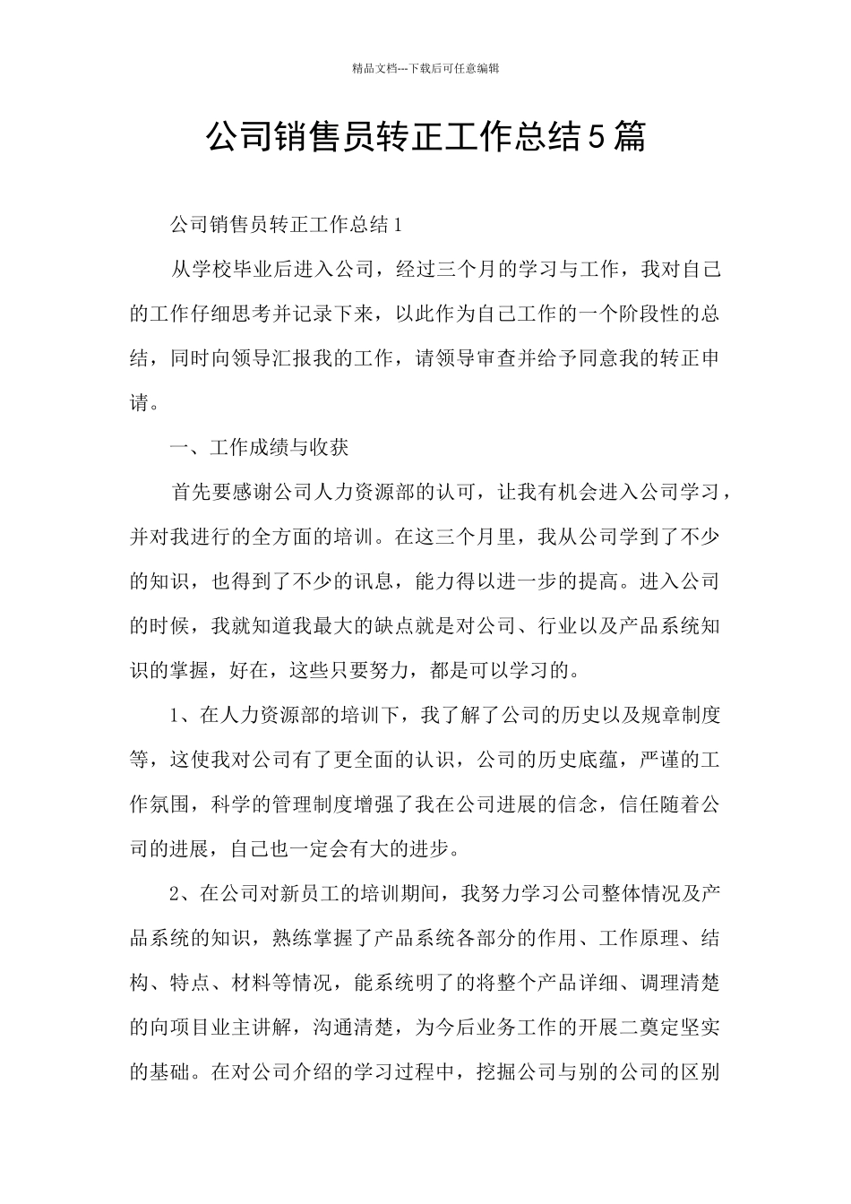 公司销售员转正工作总结5篇_第1页