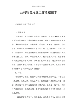 公司销售月度工作总结范本