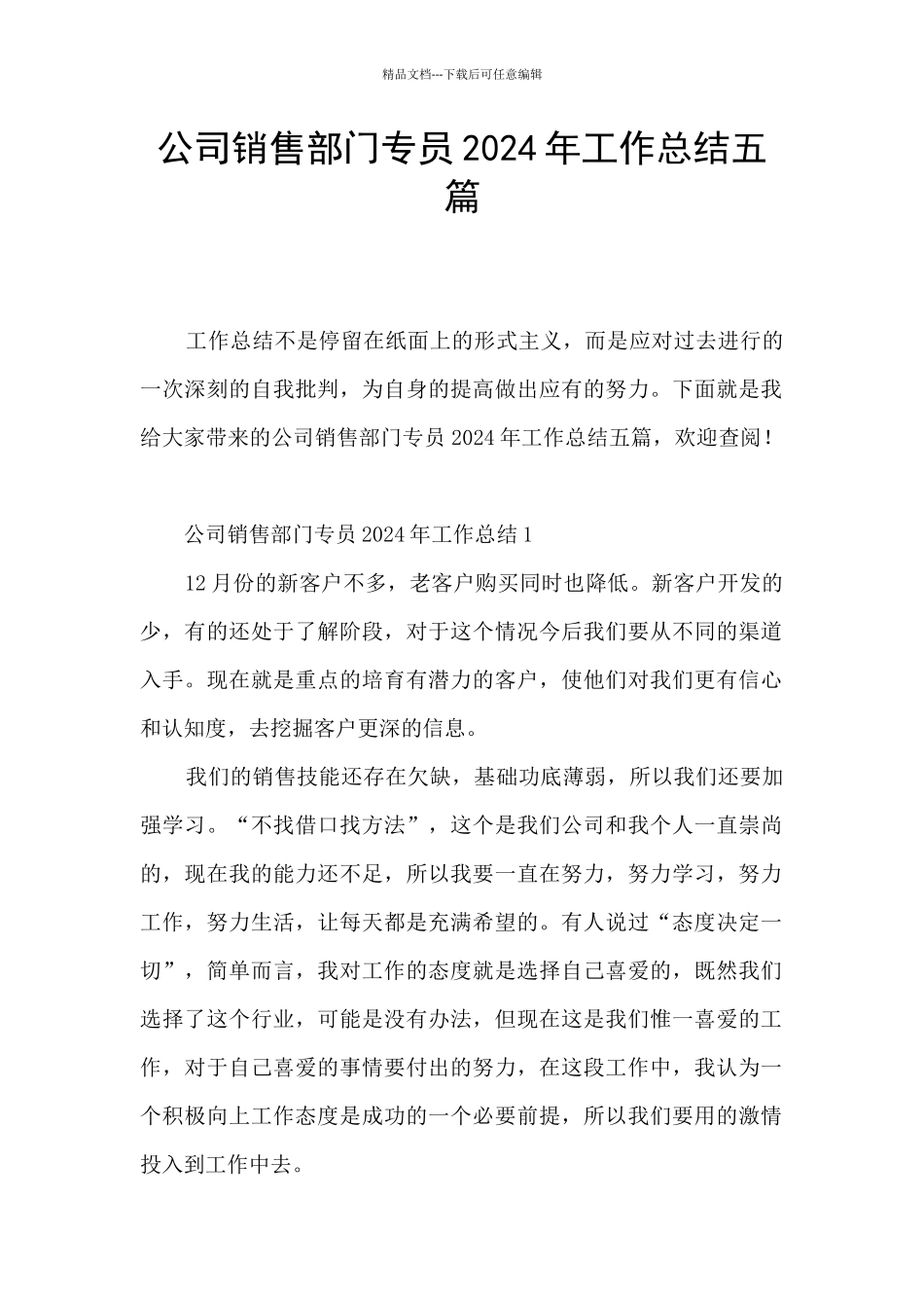 公司销售部门专员2024年工作总结五篇_第1页