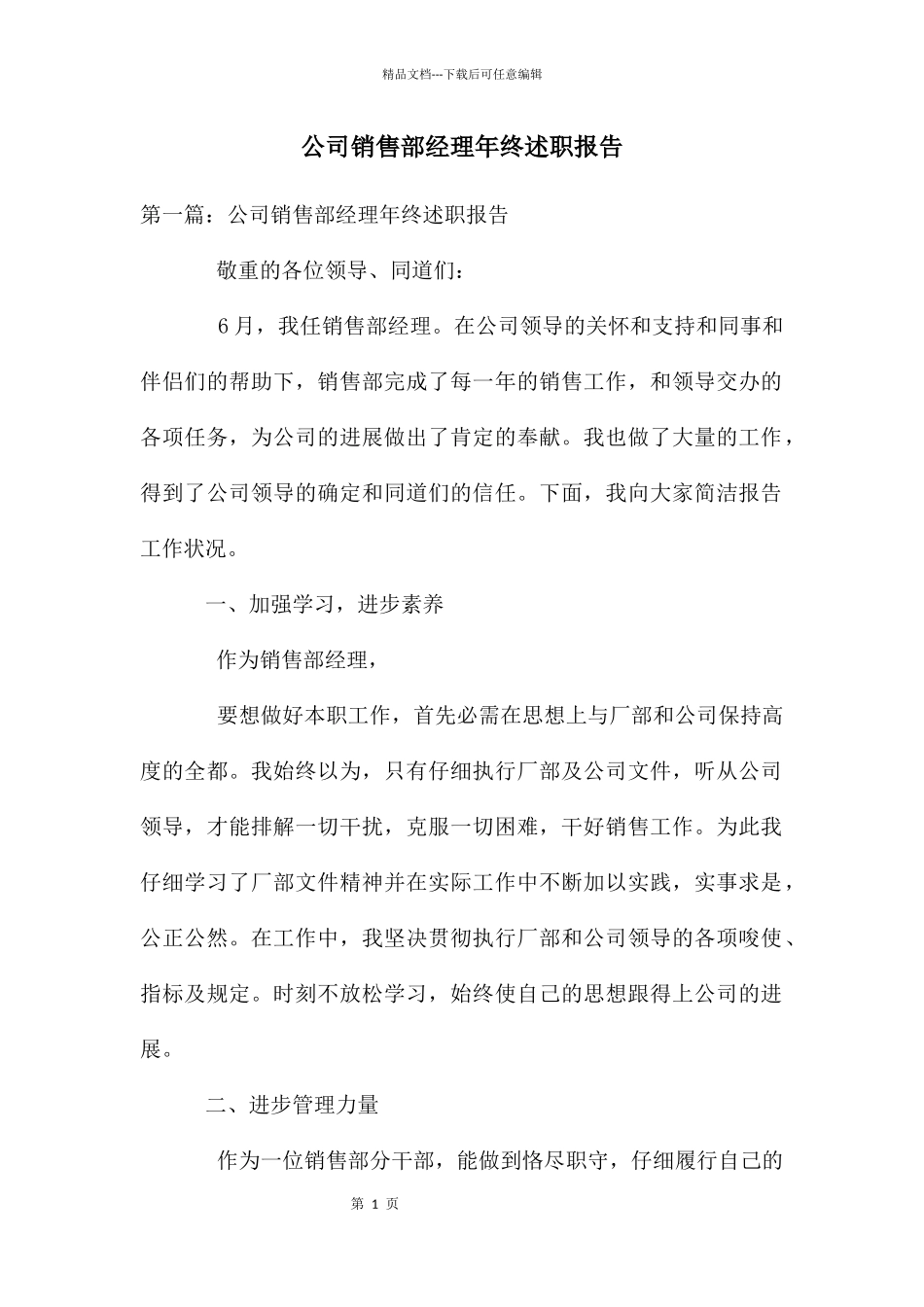 公司销售部经理年终述职报告_第1页
