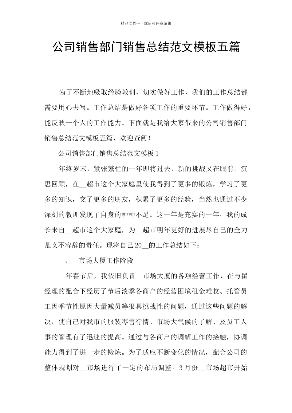 公司销售部门销售总结范文模板五篇_第1页