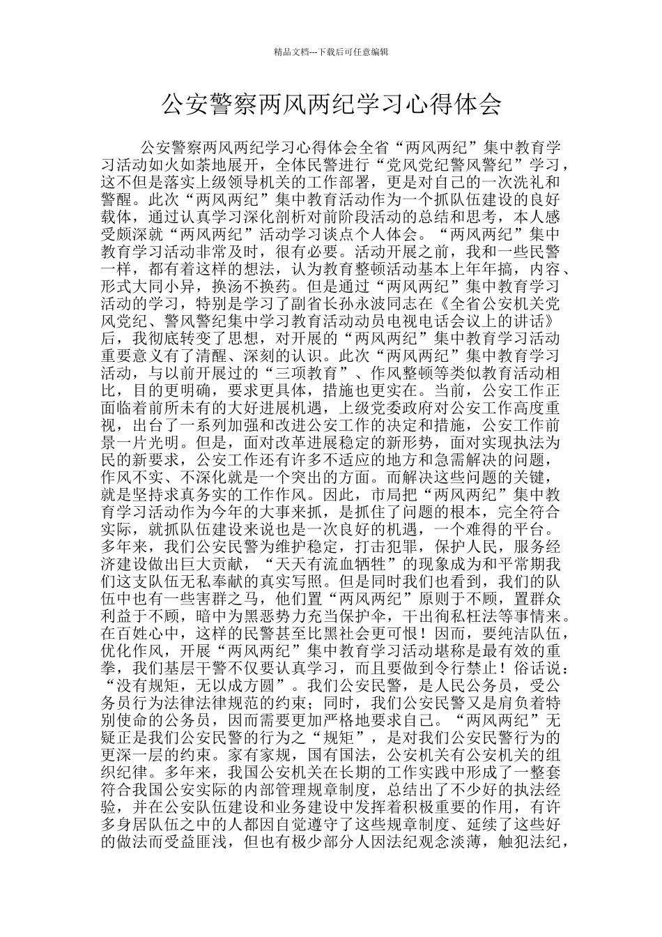 公安警察两风两纪学习心得体会_第1页